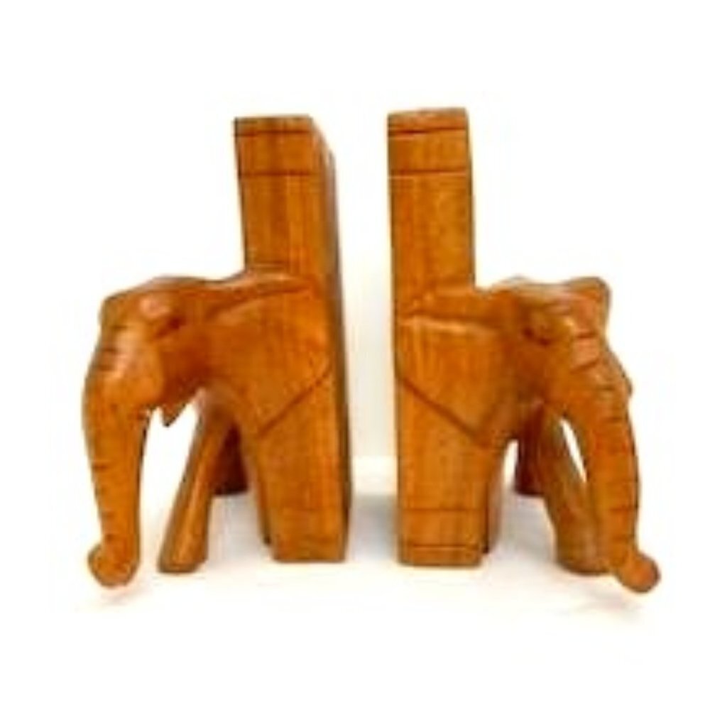 Vtg Hand Crafted Wood Elephant‎ Bookends